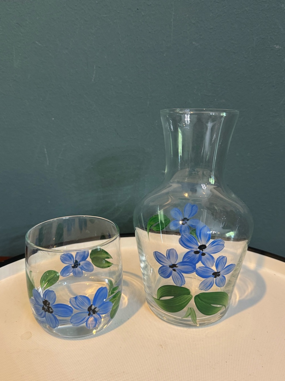 Hand Painted Blue Flowers Glass Tumble Up Carafe and Tumbler - Made in Italy